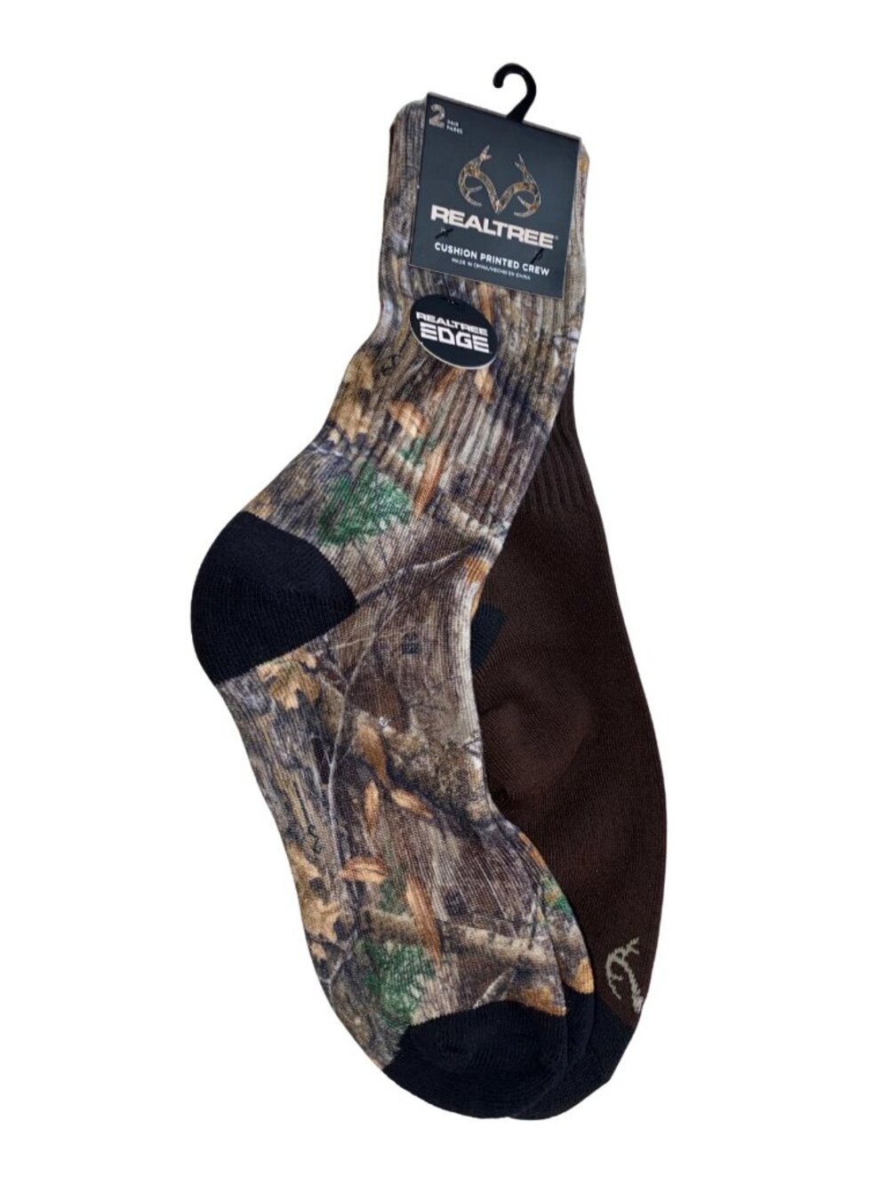 Realtree Edge 2 Pair Men's Cushion Crew Socks One Pair Camo, One Pair Solid